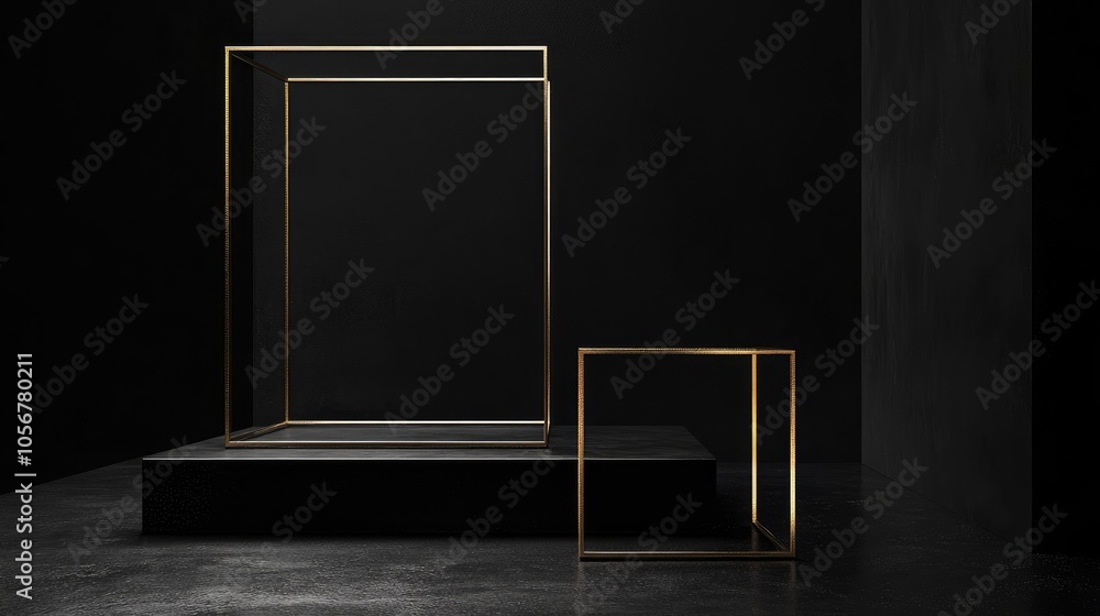 Poster Elegant metal frames with a minimalist design stand out against a black backdrop emphasizing the intricate details of the golden material