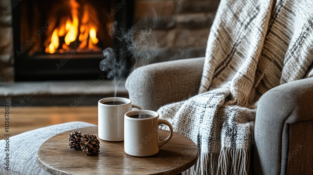 Poster two steaming mugs rest on a wooden table near a fireplace accompanied by a cozy woolen blanket drape
