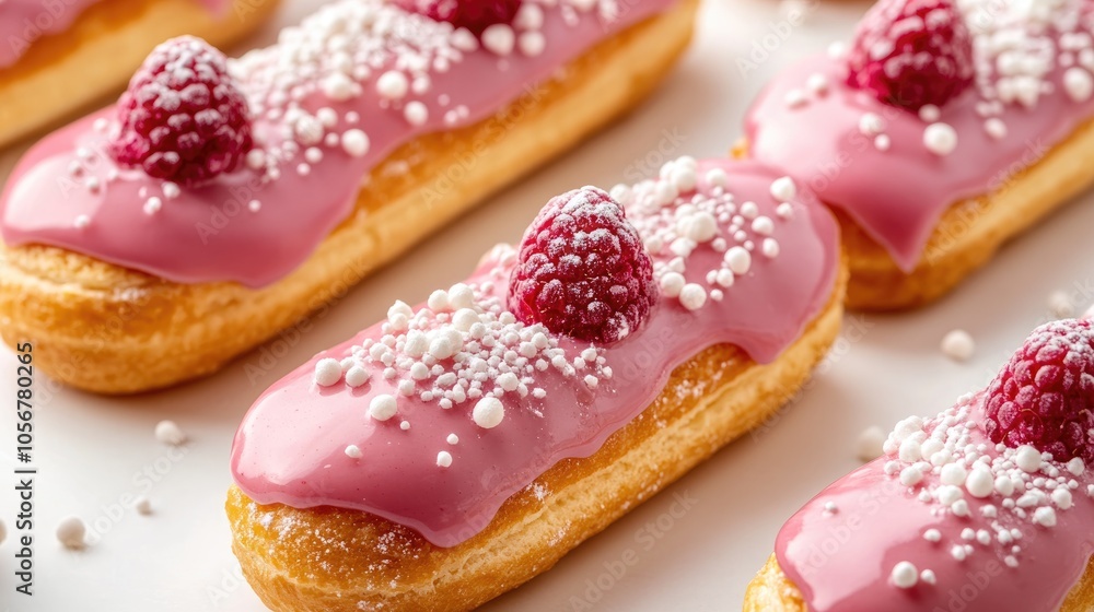 Aufkleber assortment of delectable eclairs topped with pink raspberry glaze and sugar sprinkles on a light bac