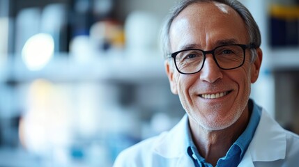 Fototapeta premium Smiling senior male scientist wearing glasses poses for a photograph