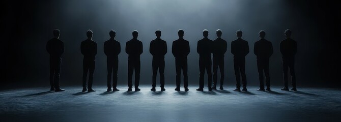 Actors blocking a scene under spotlight, tight formation, stage rehearsal