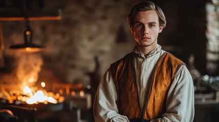 Portrait of a young craftsman standing in a workshop, with a warm fire glowing in the background, capturing a historical artisan vibe.