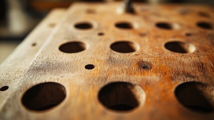 Close up of a wooden board featuring drilled holes in a crafting space