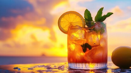 Revitalizing fruit infused cocktail featuring citrus slices mint and ice set against a vibrant sunset evoking a festive and indulgent vibe for an outdoor summer gathering