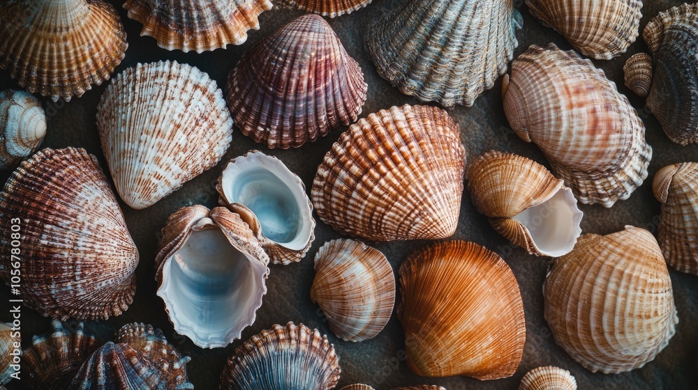 Poster Close up of various cockle shells in muted colors showcasing their intricate textures and patterns
