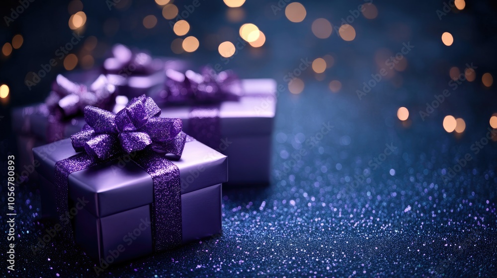 Poster elegant purple gift boxes adorned with violet ribbon bows set against a dark blue backdrop featuring