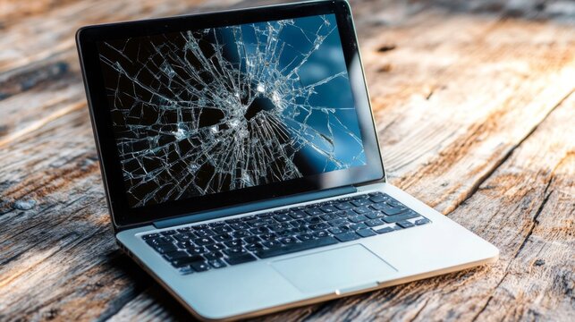 A laptop with a cracked screen is sitting on a wooden table
