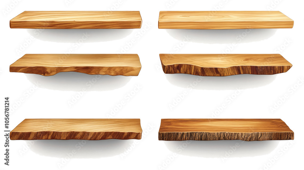 Poster wooden shelves collection set isolated on a transparent background generative ai