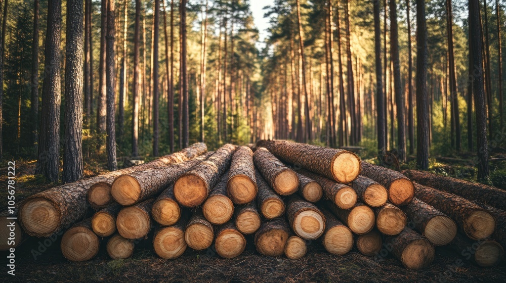 Poster Pine and spruce trees in a forest with stacked log trunks highlighting the timber industry A panoramic view of wooden trunks in a natural setting