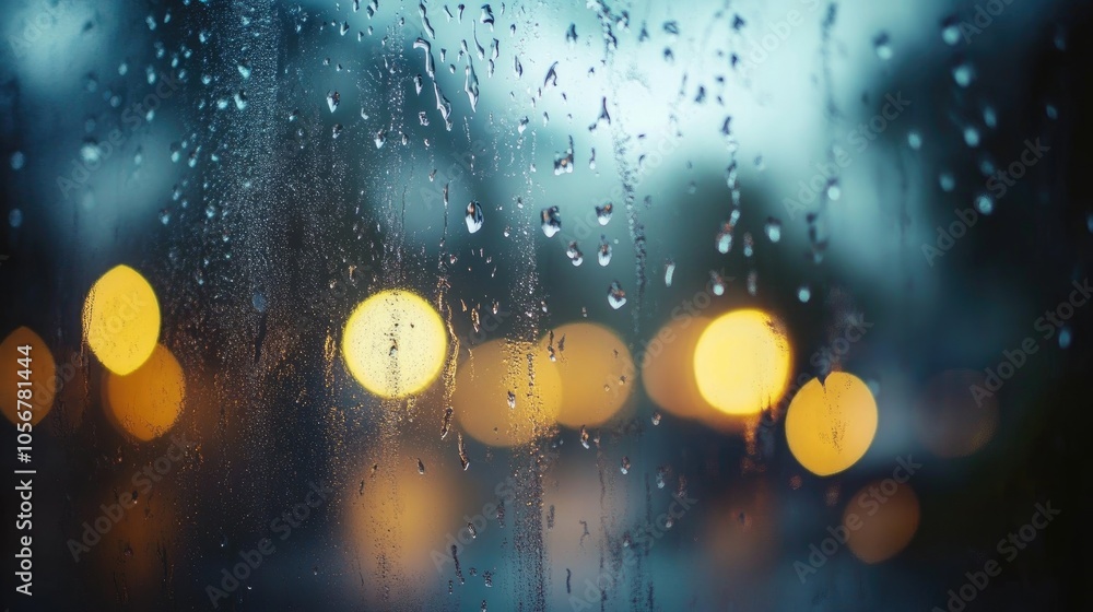 Poster raindrops on a misty window with soft bokeh lights in the backdrop creating a tranquil and peaceful 