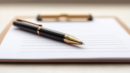 A Gold-Trimmed Pen Resting on a Clipboard with Lined Paper