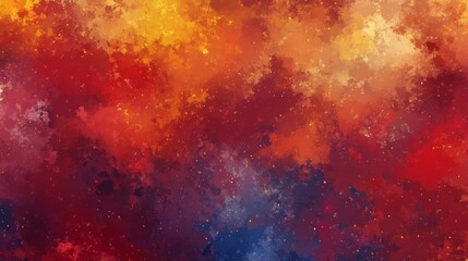 A painting of a red and orange background with blue and purple streaks