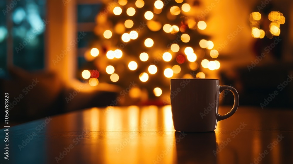 Poster Cozy Christmas setting featuring a mug on a table with a blurred background enhanced by warm ambient lighting from a festive tree