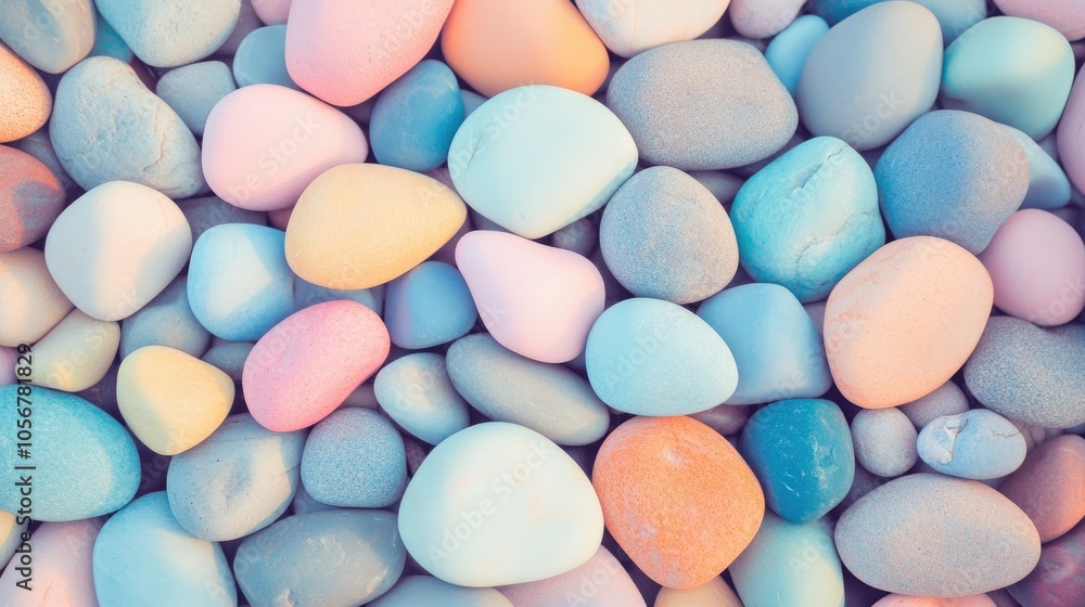 Poster pastel hued pebble stones creating a soft and colorful backdrop