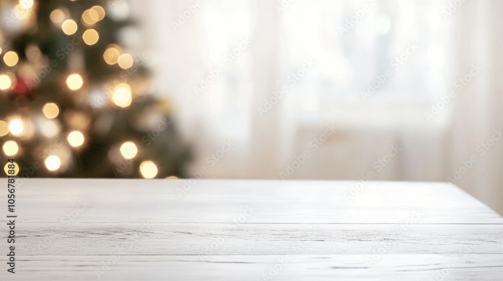 Poster Blank white table with a blurred Christmas tree in the background featuring ample copy space