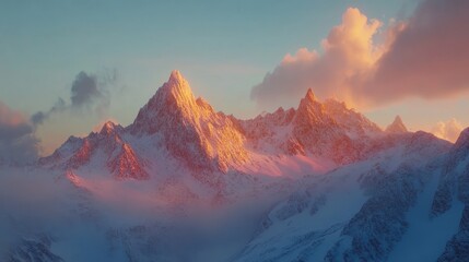 Obraz premium Majestic mountain landscape at sunrise featuring snow capped peaks and stunning light captured in cinematic 8k photorealistic detail