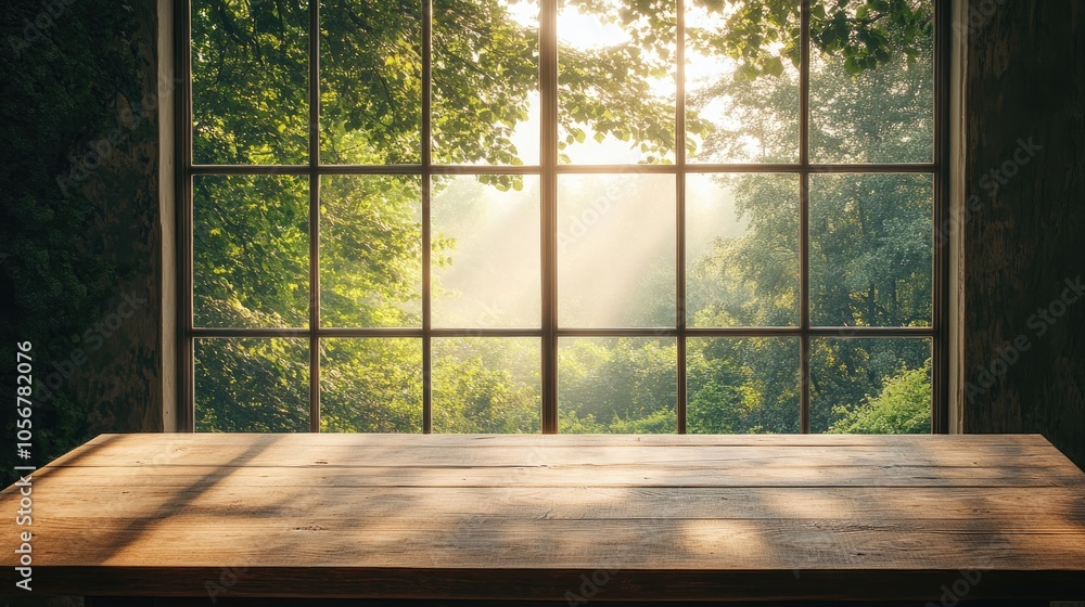 Poster wooden table in a well lit room by a large window showcasing a view of trees enveloped in a gentle m