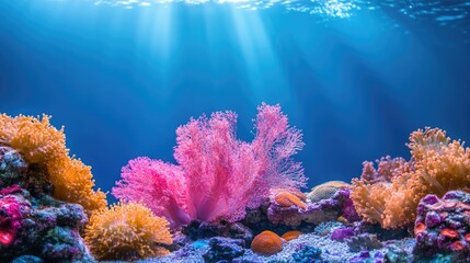 Vibrant and colorful fluorescent coral reef set against a blue backdrop Ample copy space for aquarium enthusiasts
