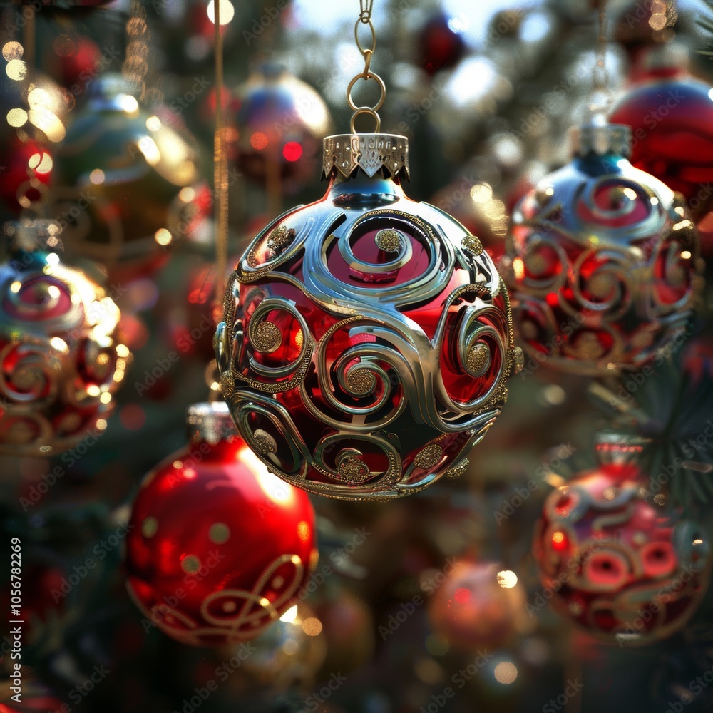 Poster conceptual image of christmas baubles with intricate designs and abstract forms.
