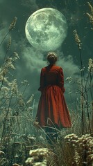 Fototapeta premium Woman in Red Dress Gazing at the Moon