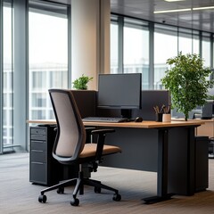 Fototapeta premium A contemporary office setup featuring a desk, ergonomic chair, computer, and green plants, set in a bright and spacious corporate environment.
