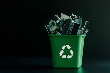A green recycle bin full with electronic wastes, a concept of e waste management