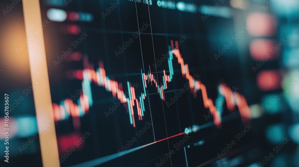 Poster close-up of stock market graph displaying fluctuating prices in red and green.