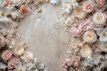 Fototapeta premium Pastel floral border with doodle-style flowers surrounding a solid pastel copy space background