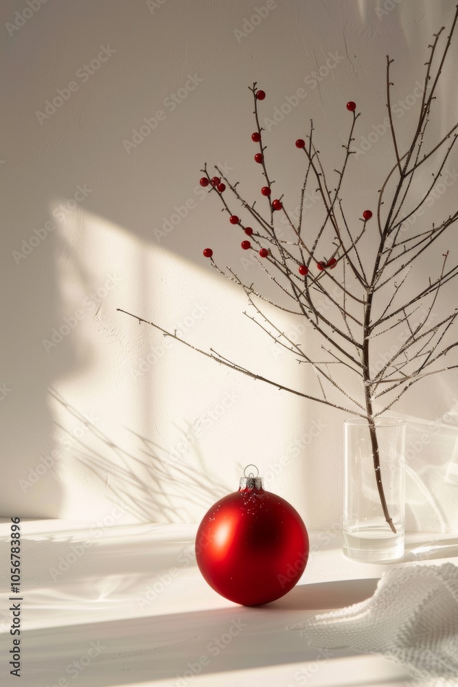 Poster a red ornament sits on a table next to a glass vase with a branch in it. the scene is simple and ele
