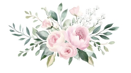 Watercolor Floral Bouquet with Pink Roses and Peonies, Green Leaves, Eucalyptus, and Baby's Breath, Isolated on White Background, Ideal Clipart for Wedding Flower Designs and Digital Junk Journal