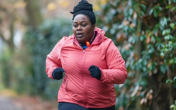 Obese middle aged curvy black woman with hair bun jogging, running. African American female keeping balanced routine. Inner glow, vitality, energy concept. Good enough, average, mediocre, ordinary