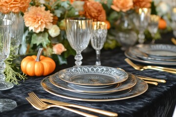 A table with a black tablecloth and a pumpkin on it