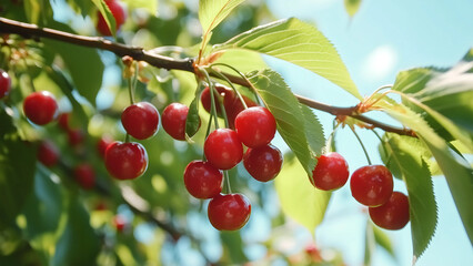 Obraz premium Red cherries on the tree in the farm with blue sky with background. natural light.