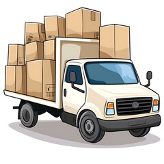 A cartoon delivery truck with shopping boxes on a white background.