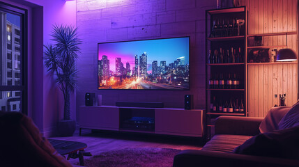 Stylish living room interior with LED lighting, large TV, and urban cityscape view, creating a cozy evening atmosphere