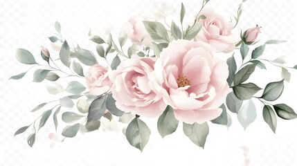 Watercolor Floral Bouquet with Pink Roses and Peonies, Green Leaves, Eucalyptus, and Baby's Breath, Isolated on White Background, Ideal Clipart for Wedding Flower Designs and Digital Junk Journal