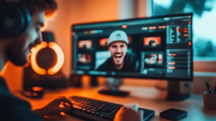 Young man engaged in video editing, showcasing a joyful expression on the screen.