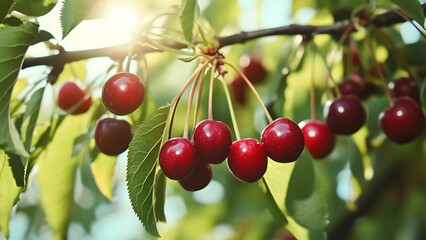 Red cherries on the tree in the farm with blue sky with background. natural light.