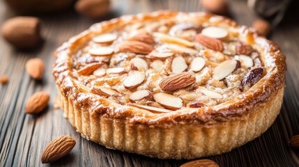 Almond Tart on Wooden Table Closeup. Almond Pastry