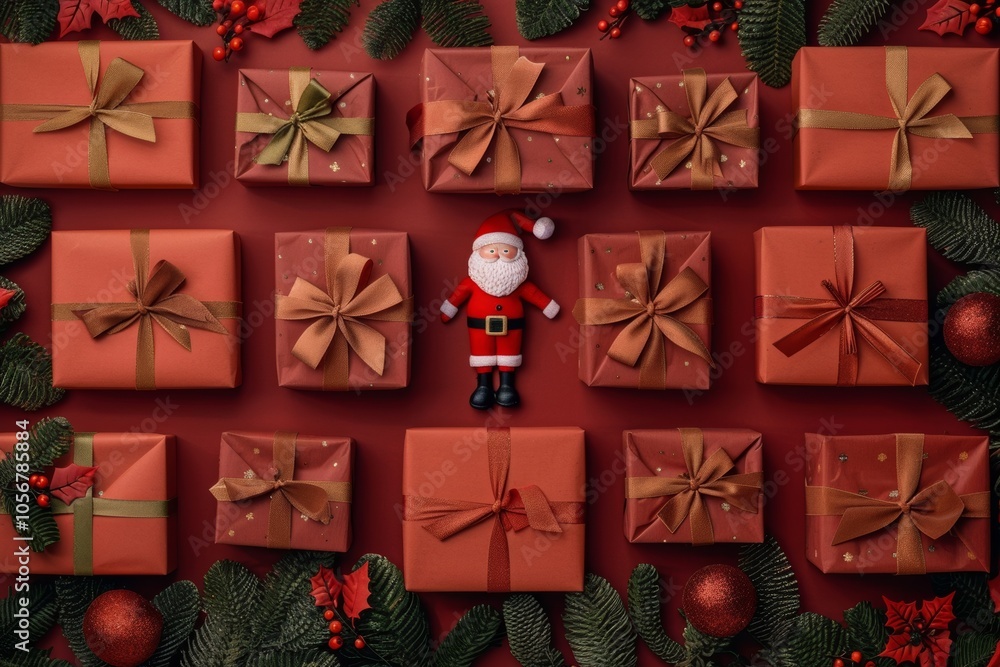 Poster a red background with a santa claus figure in the middle of a row of presents. the presents are all 