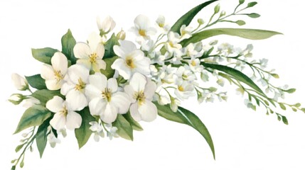 Fototapeta premium Watercolor White Flower Bouquet with Green Leaves on White Background, Cutout File for Wedding Clipart, Featuring Elegant Floral Arrangement in Soft and Natural Style