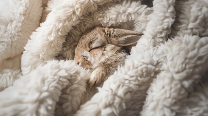 Adorable bunny peacefully sleeping, wrapped in a soft, fluffy blanket, showcasing warmth, comfort, and cuteness.