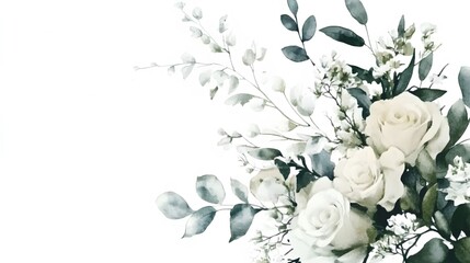 Watercolor White Flower Bouquet with Green Leaves on White Background, Cutout File for Wedding Clipart, Featuring Elegant Floral Arrangement in Soft and Natural Style