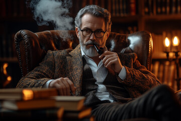 Adult man a writer in retro suit with a smoking pipe is sitting in leather armchair  in front of table with a old books.