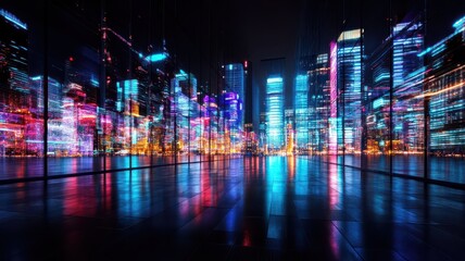 Obraz premium Vibrant holographic cityscape at night, illuminated by mesmerizing neon lights and futuristic architecture.