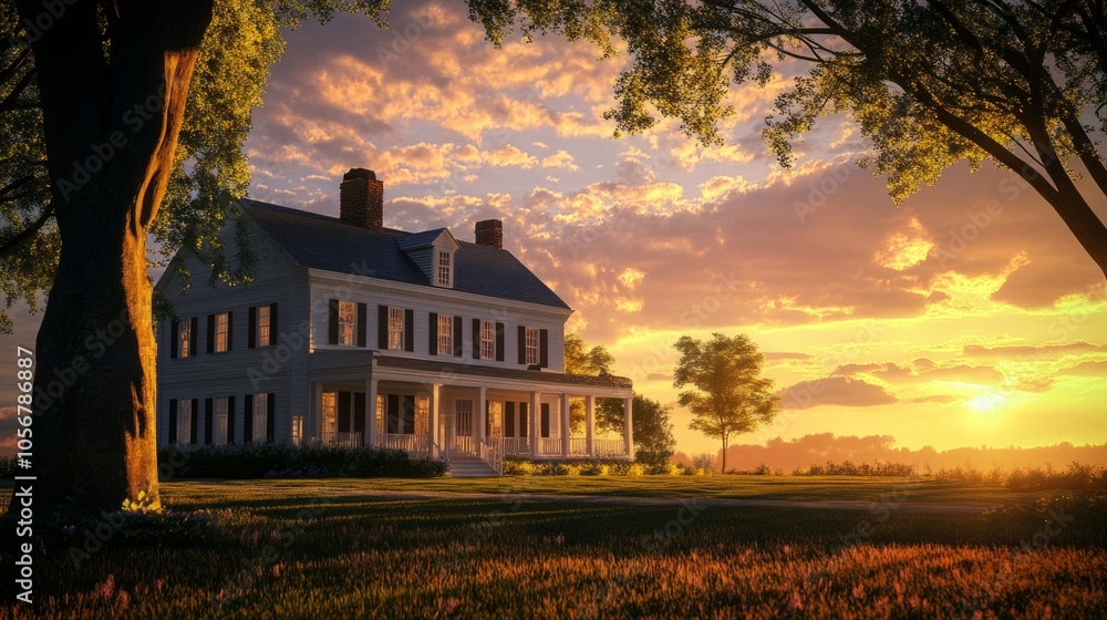 Poster a large white house with a porch and a tree in front of it