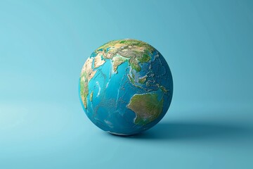 A three-dimensional rendering of a globe set against a solid blue backdrop, showcasing detailed blue