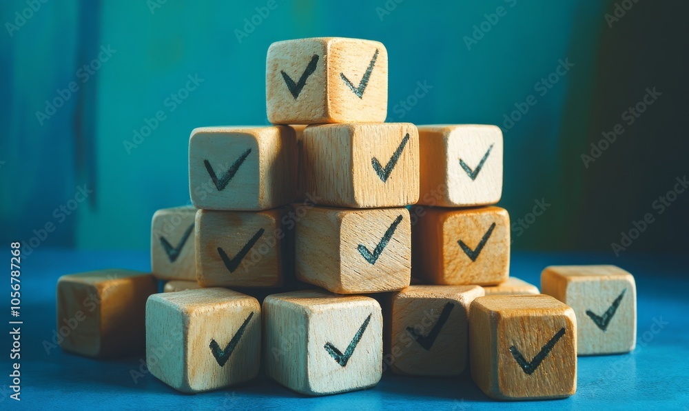 Poster a stack of vanilla-colored wooden cubes featuring checkmarks is displayed on a blue surface, providi