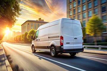White Van Speeding Through City Dawn - Back View
