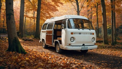 Naklejka premium Campervan or motorhome parked in the nature countryside. Camper van or  motor home is camping in a autumn forest. Active family vacation